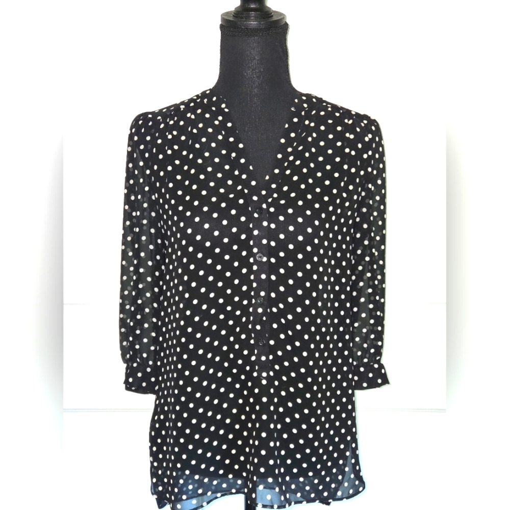 LC LAUREN CONRAD Sheer Tunic Black w/ White Polka Dots 3/4 Sleeves Sz Sm